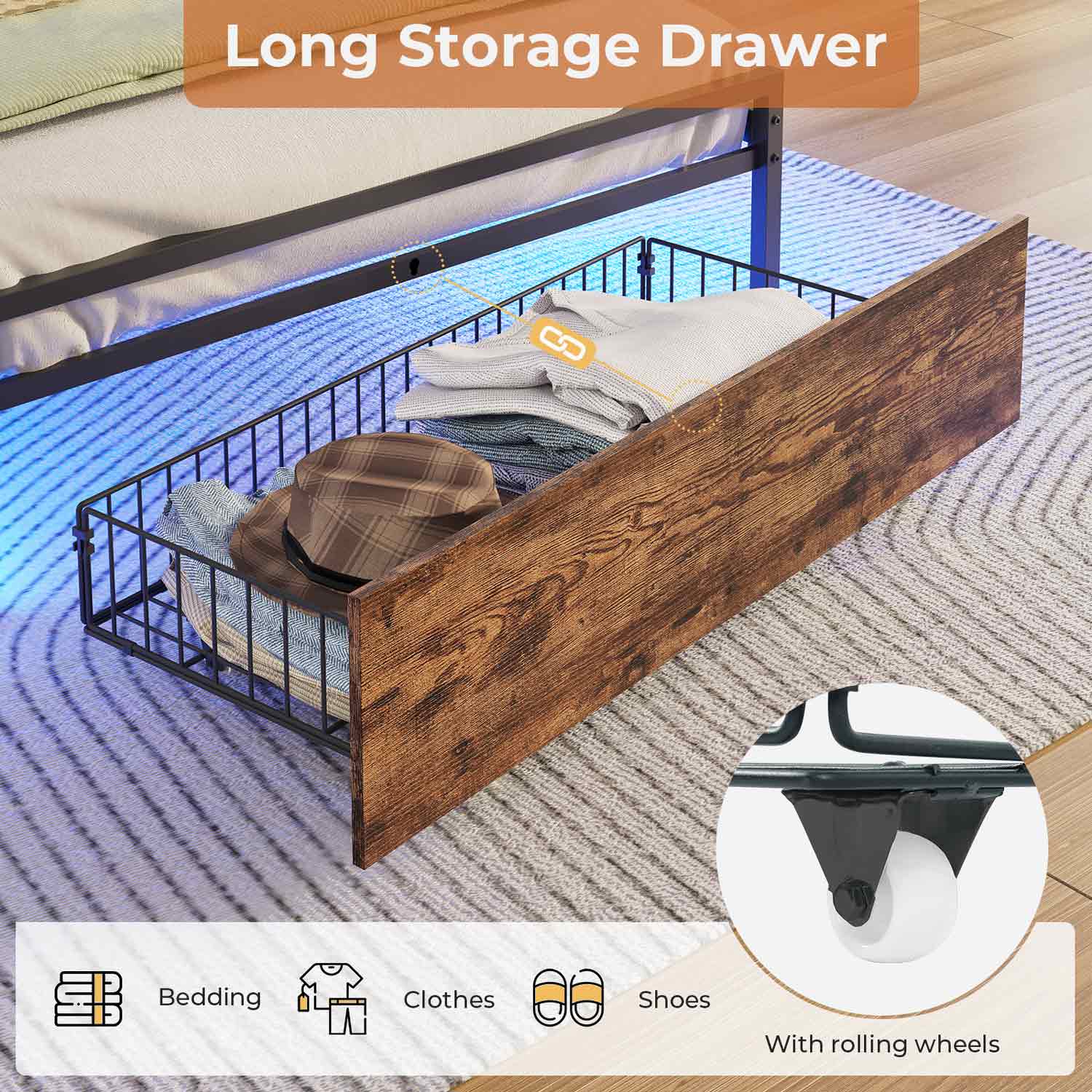 AOGLLATI Bed Frame AOGLLATI Bed Frame with Charging Station and Led Lights Vintage Brown