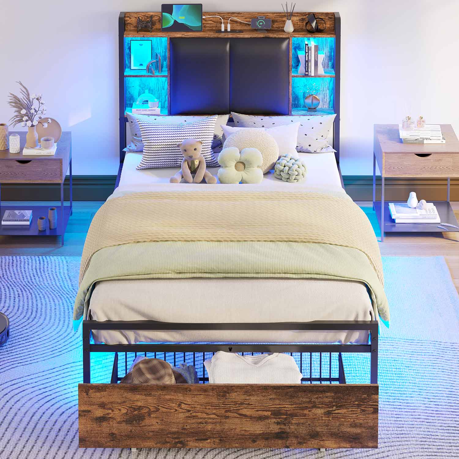 AOGLLATI Bed Frame AOGLLATI Bed Frame with Charging Station and Led Lights Vintage Brown