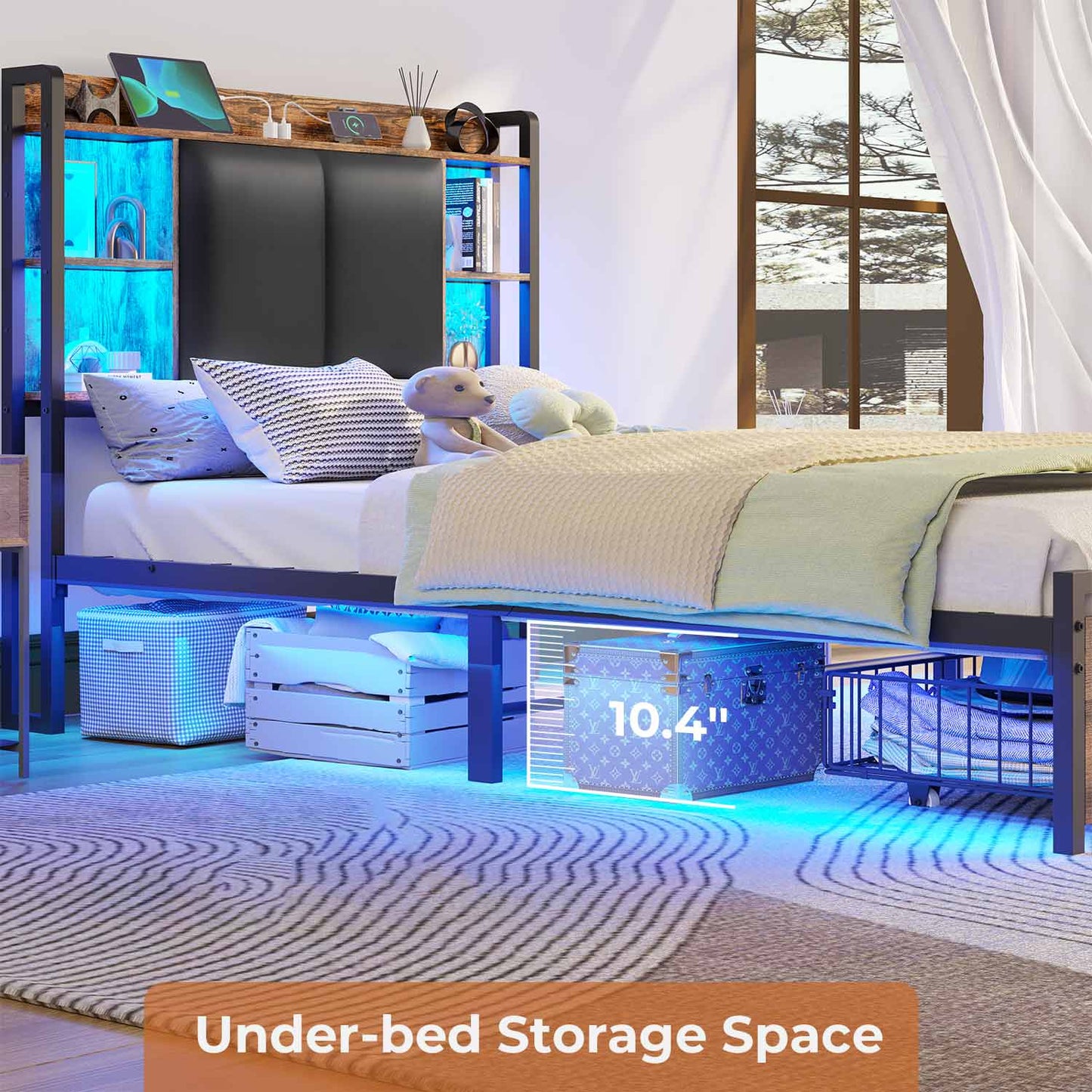 AOGLLATI Bed Frame AOGLLATI Bed Frame with Charging Station and Led Lights Vintage Brown