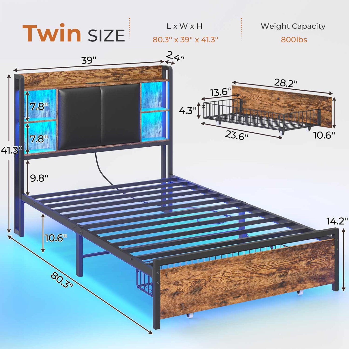 AOGLLATI Bed Frame AOGLLATI Bed Frame with Charging Station and Led Lights Vintage Brown