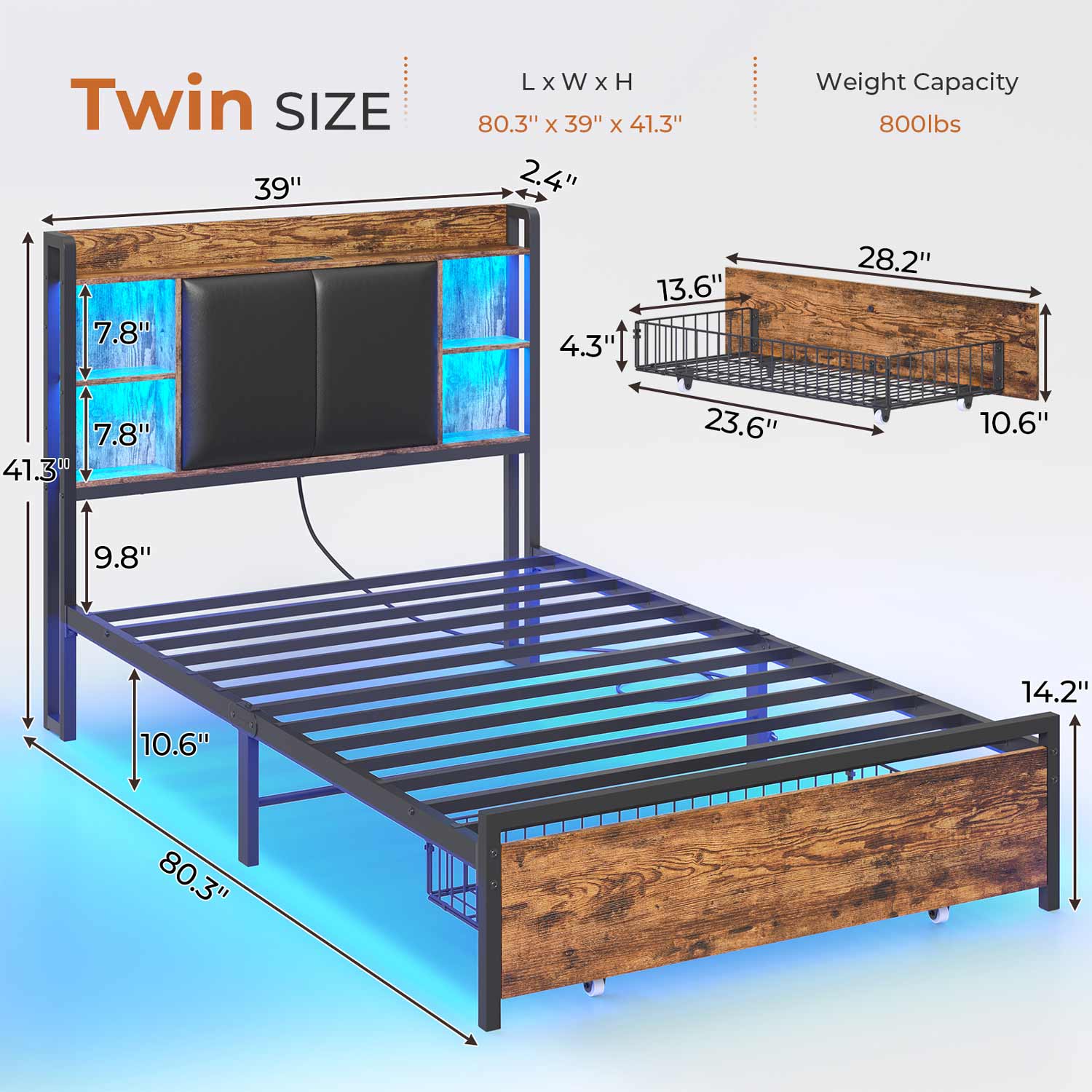 AOGLLATI Bed Frame AOGLLATI Bed Frame with Charging Station and Led Lights Vintage Brown