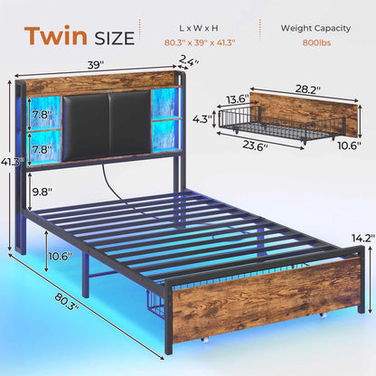 AOGLLATI Bed Frame AOGLLATI Bed Frame with Charging Station and Led Lights Vintage Brown