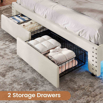 AOGLLATI Bed Frame AOGLLATI Led Bed Frame with 2 Storage Drawers & Charging Station Beige
