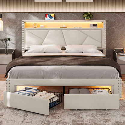 AOGLLATI Bed Frame AOGLLATI Led Bed Frame with 2 Storage Drawers & Charging Station Beige