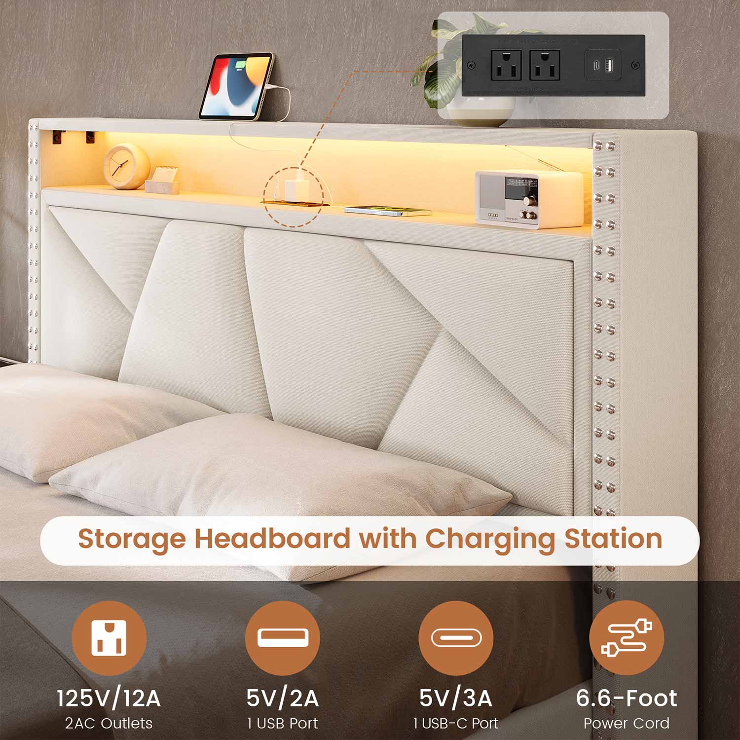 AOGLLATI Bed Frame AOGLLATI Led Bed Frame with 2 Storage Drawers & Charging Station Beige
