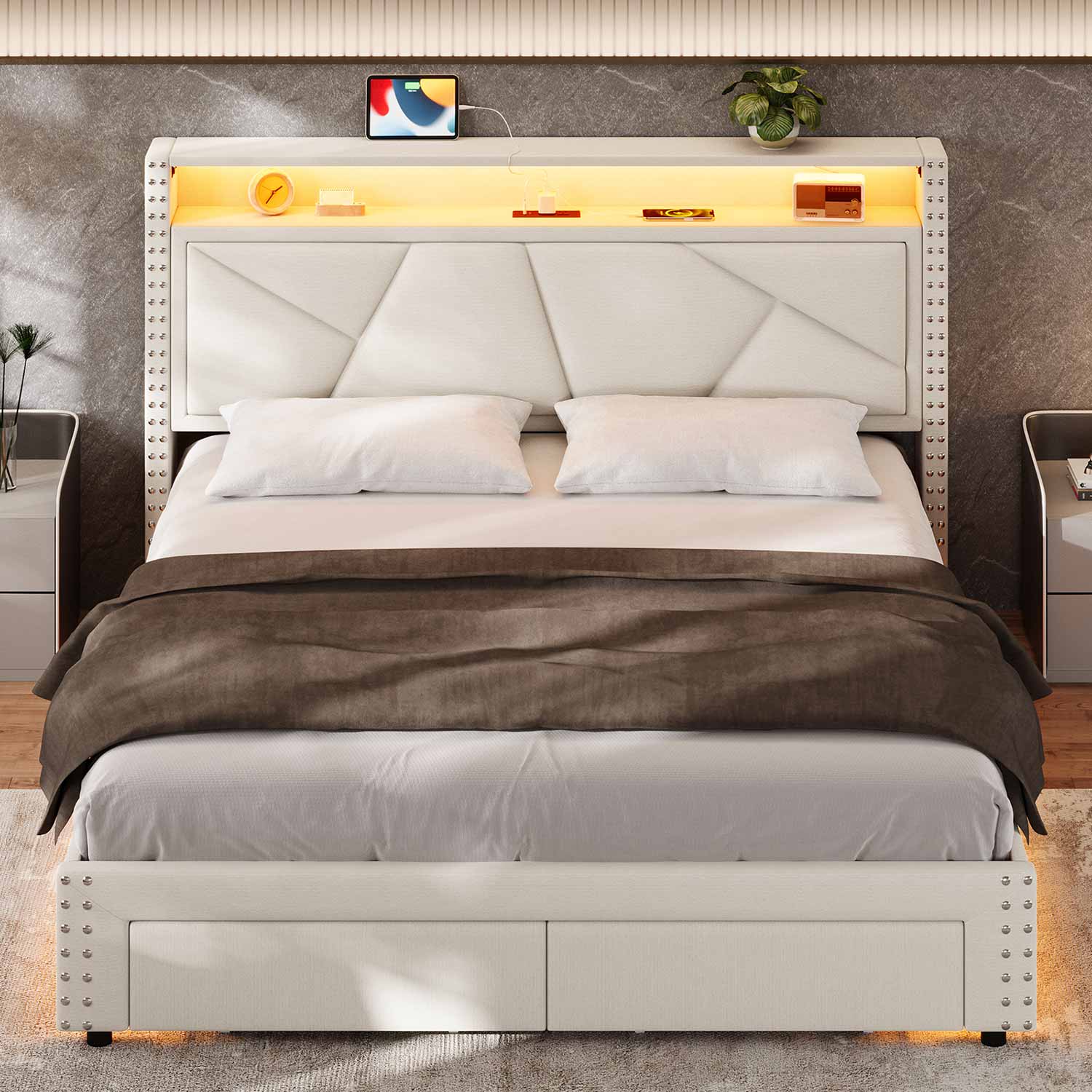 AOGLLATI Bed Frame AOGLLATI Led Bed Frame with 2 Storage Drawers & Charging Station Beige