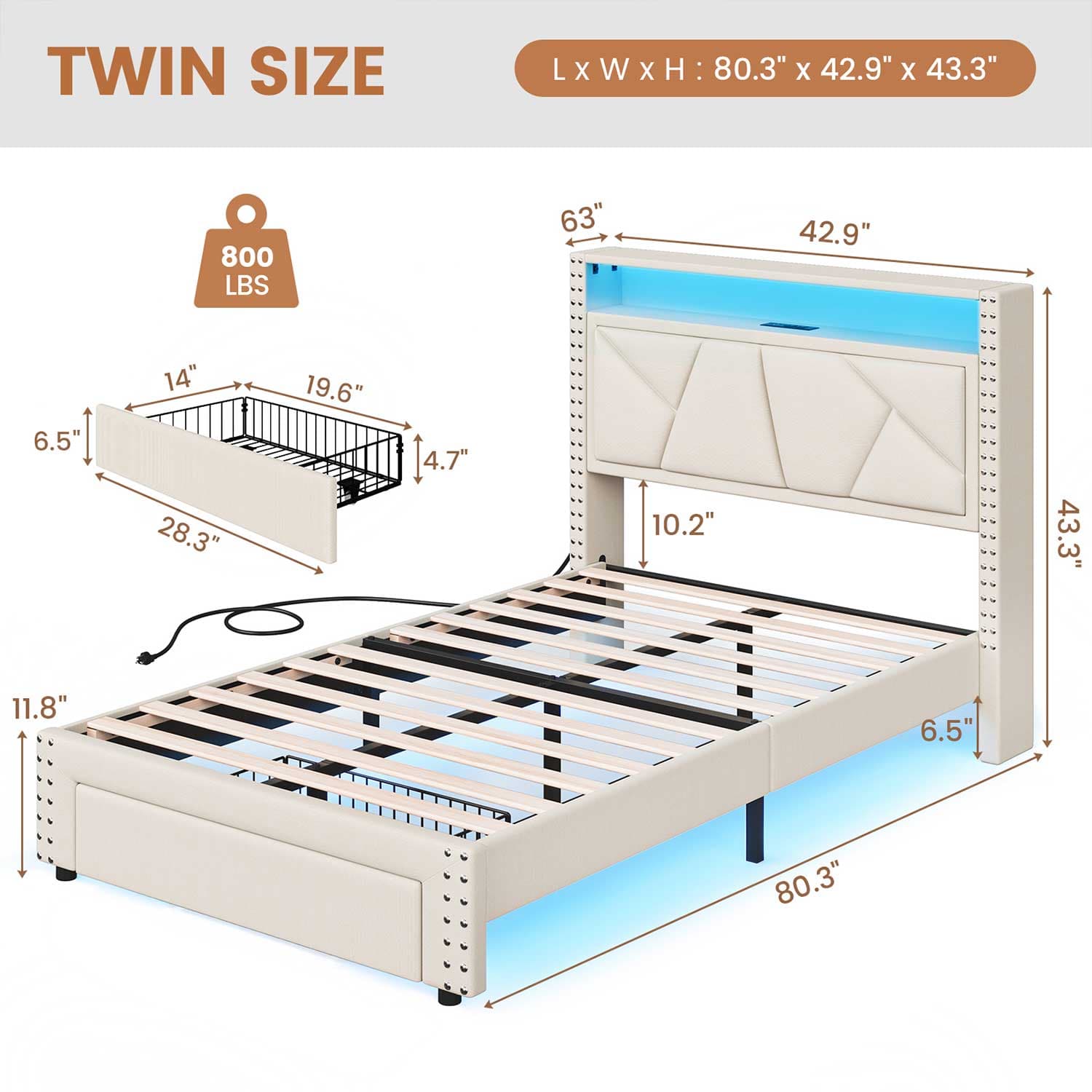 AOGLLATI Bed Frame AOGLLATI Led Bed Frame with 2 Storage Drawers & Charging Station Beige