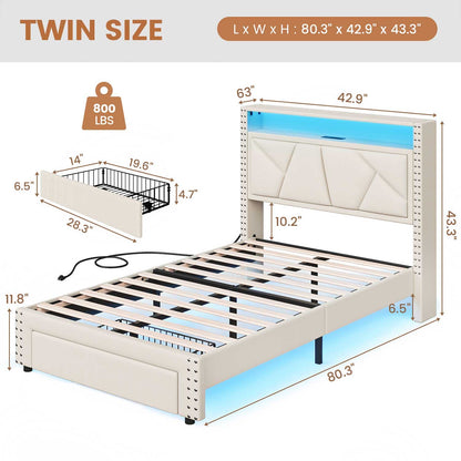 AOGLLATI Bed Frame AOGLLATI Led Bed Frame with 2 Storage Drawers & Charging Station Beige