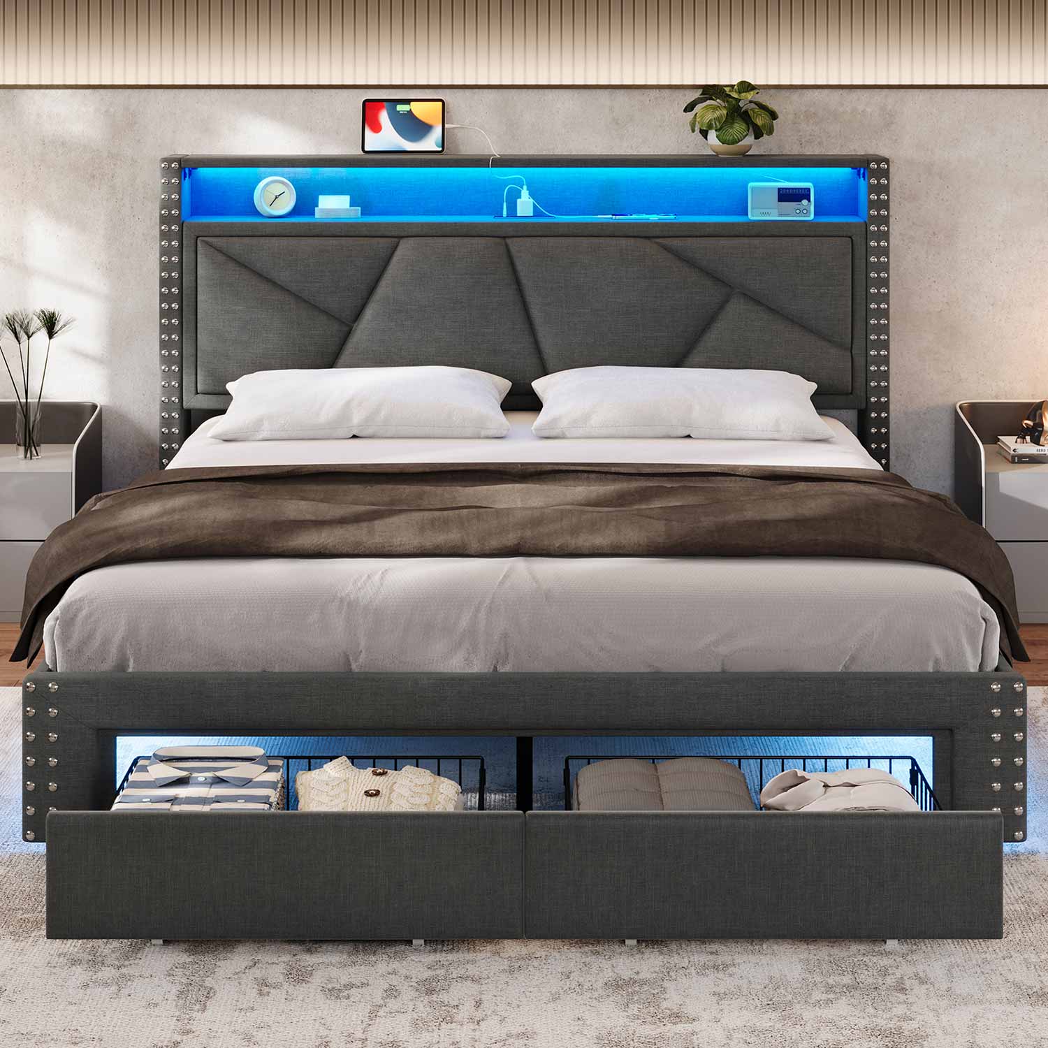 AOGLLATI Bed Frame AOGLLATI Led Bed Frame with 2 Storage Drawers & Charging Station Dark Gray