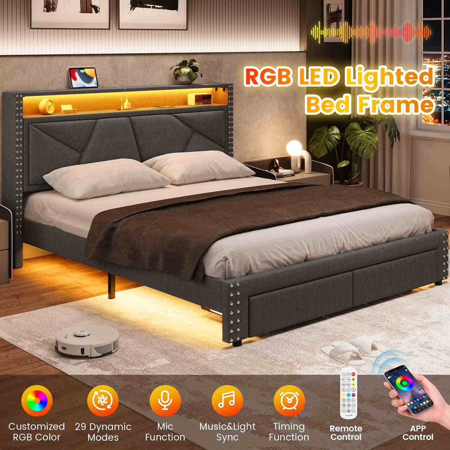AOGLLATI Bed Frame AOGLLATI Led Bed Frame with 2 Storage Drawers & Charging Station Dark Gray