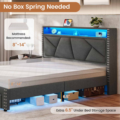 AOGLLATI Bed Frame AOGLLATI Led Bed Frame with 2 Storage Drawers & Charging Station Dark Gray