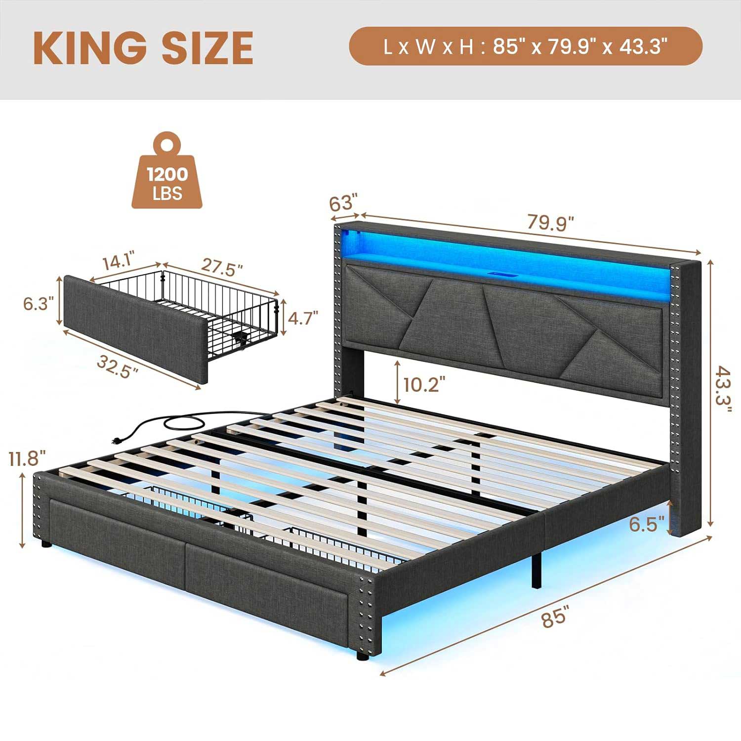 AOGLLATI Bed Frame AOGLLATI Led Bed Frame with 2 Storage Drawers & Charging Station Dark Gray