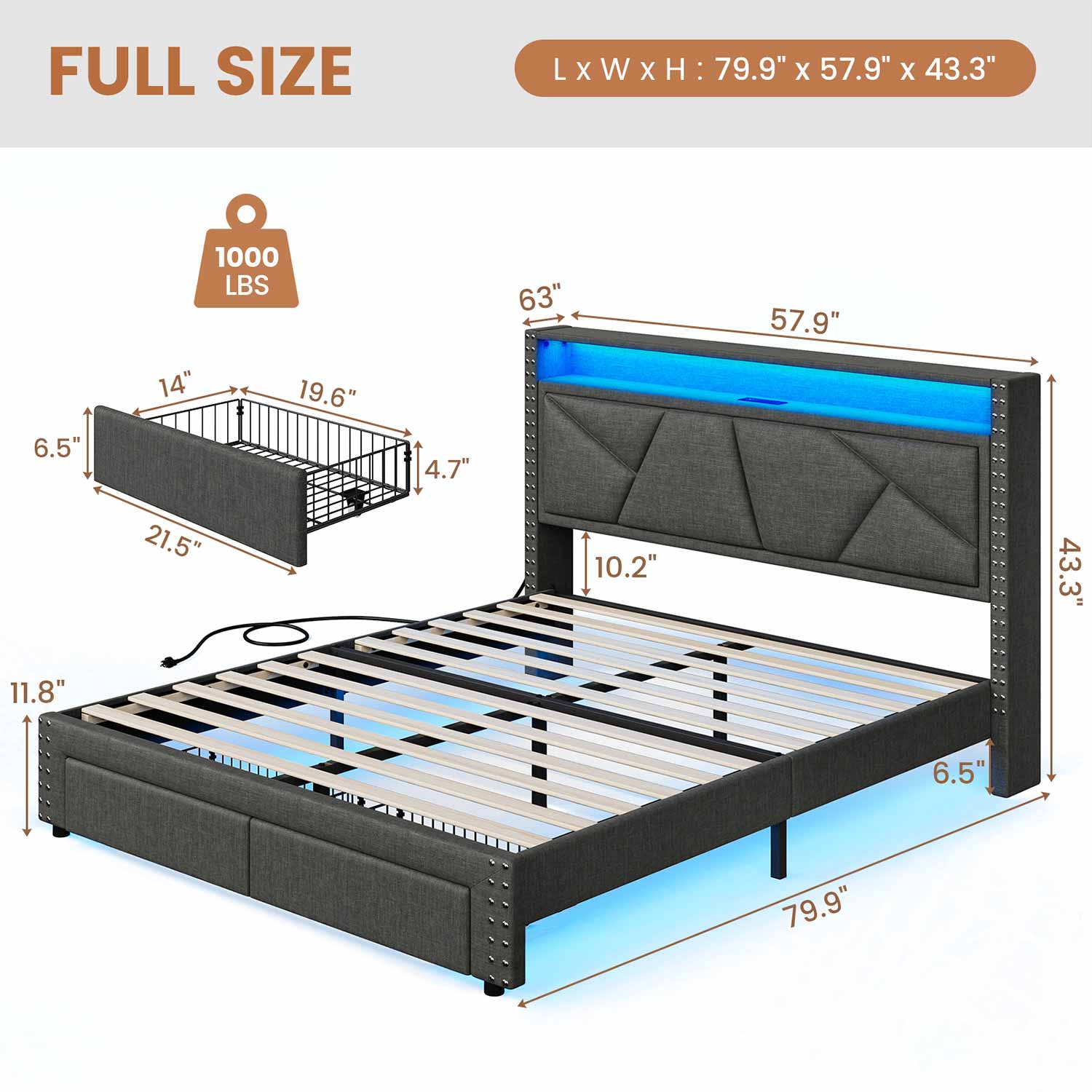 AOGLLATI Bed Frame AOGLLATI Led Bed Frame with 2 Storage Drawers & Charging Station Dark Gray