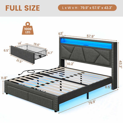 AOGLLATI Bed Frame AOGLLATI Led Bed Frame with 2 Storage Drawers & Charging Station Dark Gray