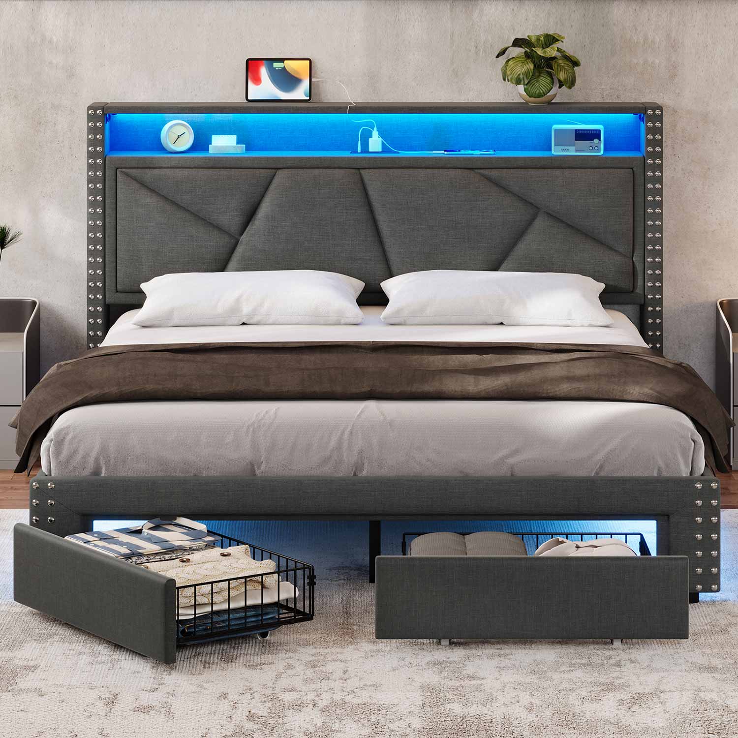 AOGLLATI Bed Frame AOGLLATI Led Bed Frame with 2 Storage Drawers & Charging Station Dark Gray