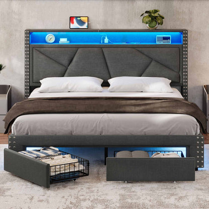 AOGLLATI Bed Frame AOGLLATI Led Bed Frame with 2 Storage Drawers & Charging Station Dark Gray