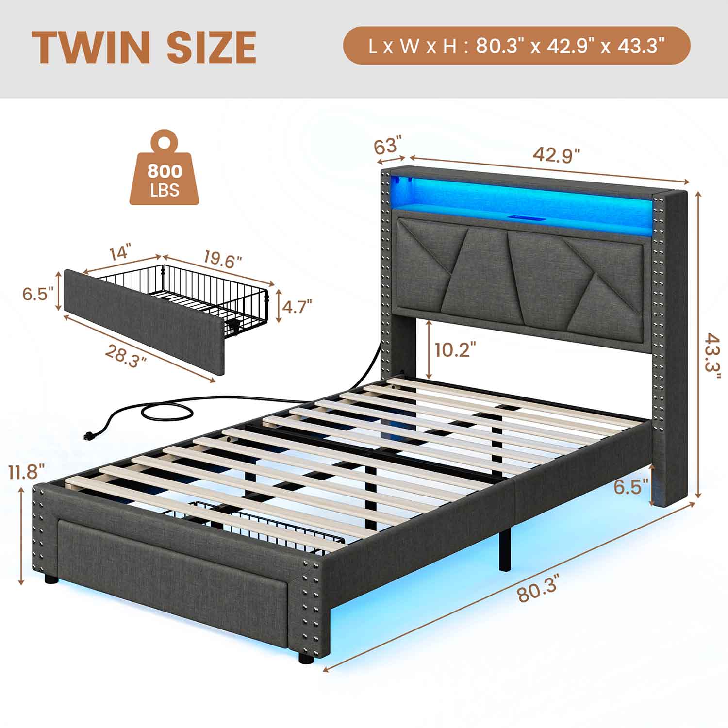 AOGLLATI Bed Frame AOGLLATI Led Bed Frame with 2 Storage Drawers & Charging Station Dark Gray