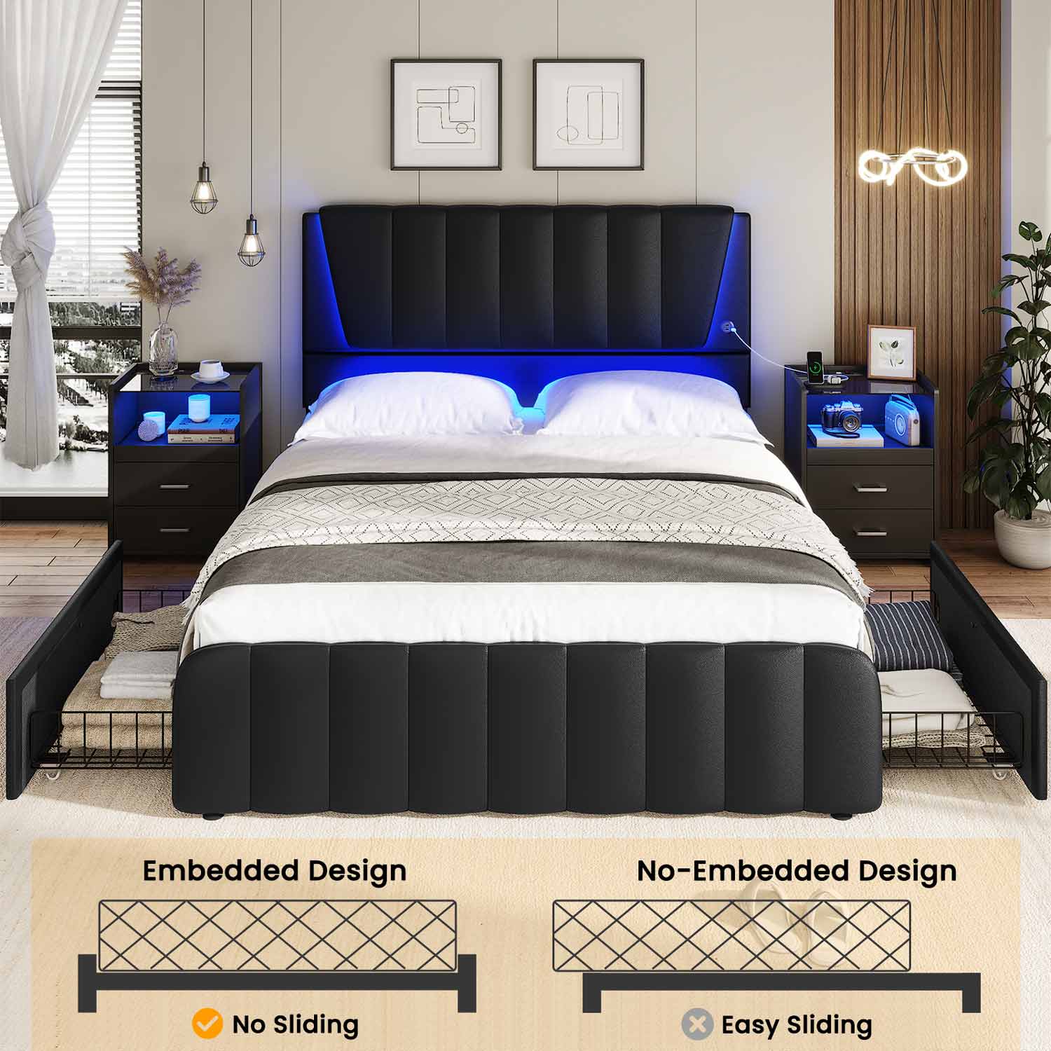AOGLLATI Bed Frame AOGLLATI LED Bed Frame with Adjustable Headboard Black