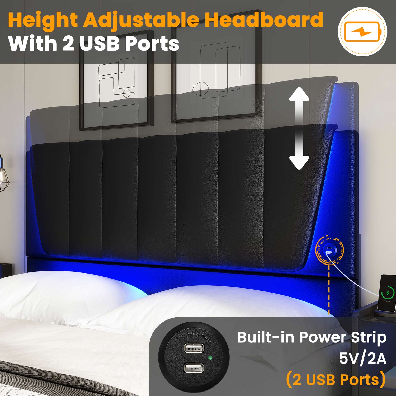 AOGLLATI Bed Frame AOGLLATI LED Bed Frame with Adjustable Headboard Black