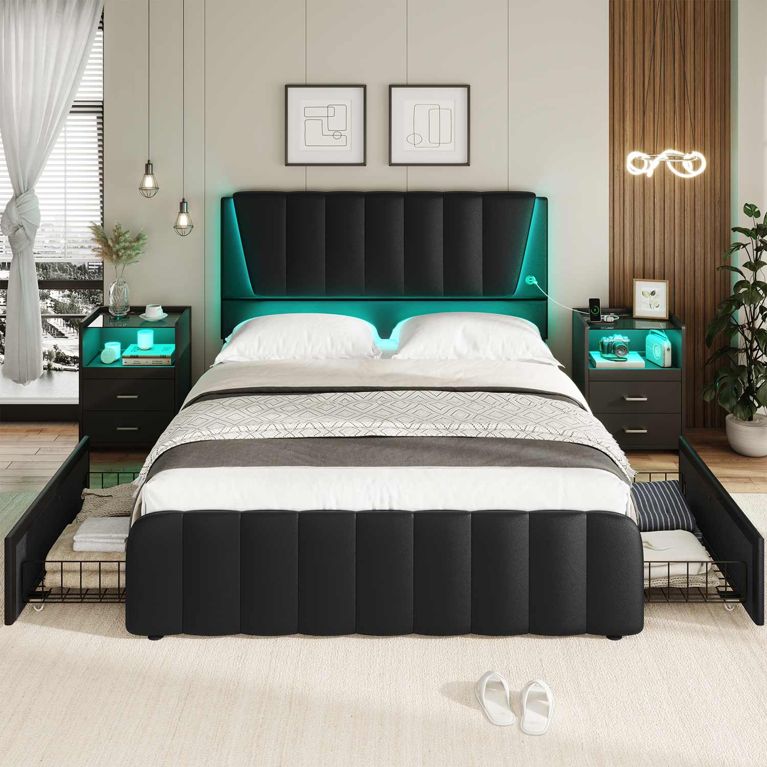 AOGLLATI Bed Frame AOGLLATI LED Bed Frame with Adjustable Headboard Black