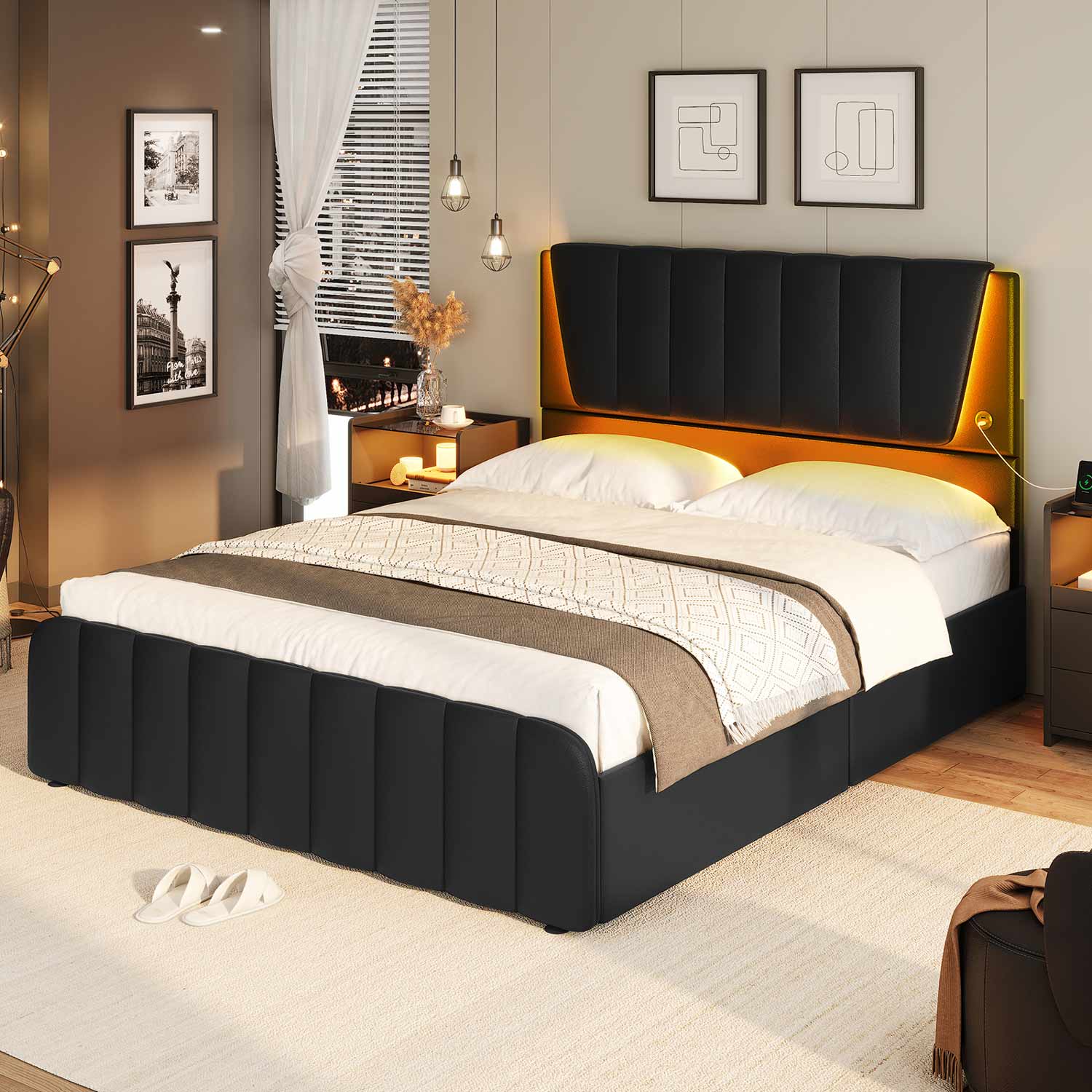 AOGLLATI Bed Frame AOGLLATI LED Bed Frame with Adjustable Headboard Black