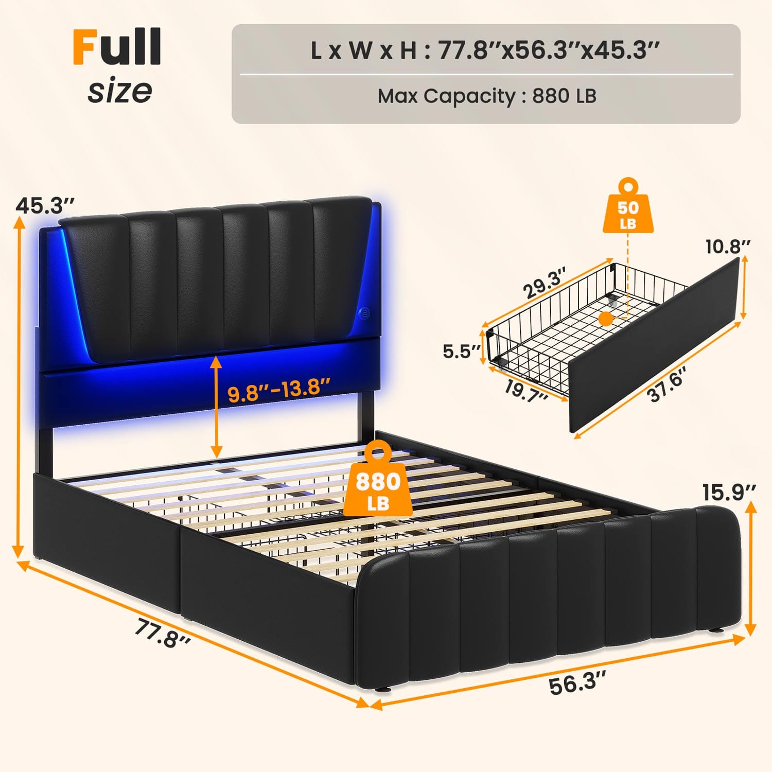 AOGLLATI Bed Frame AOGLLATI LED Bed Frame with Adjustable Headboard Black