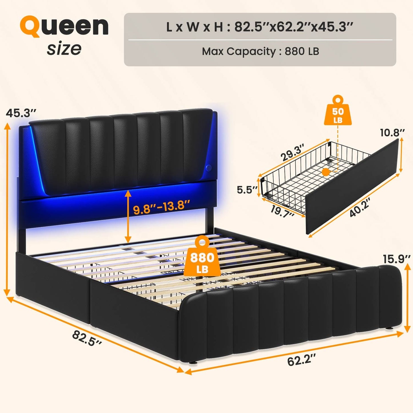 AOGLLATI Bed Frame AOGLLATI LED Bed Frame with Adjustable Headboard Black
