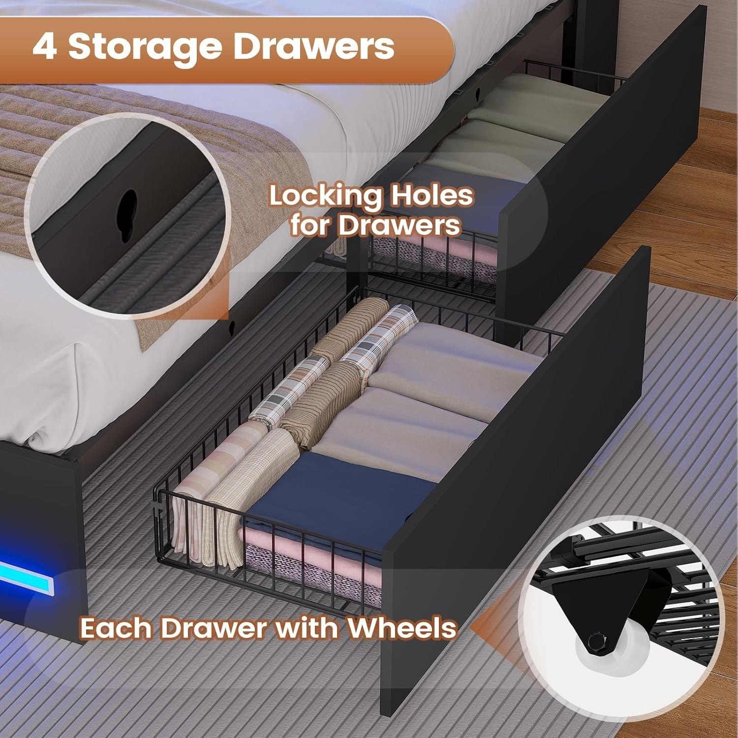 AOGLLATI Bed Frame AOGLLATI LED Bed Frame with Bookcase Headboard & Charging Station & 4 Storage Drawers,Black