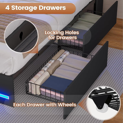 AOGLLATI Bed Frame AOGLLATI LED Bed Frame with Bookcase Headboard & Charging Station & 4 Storage Drawers,Black