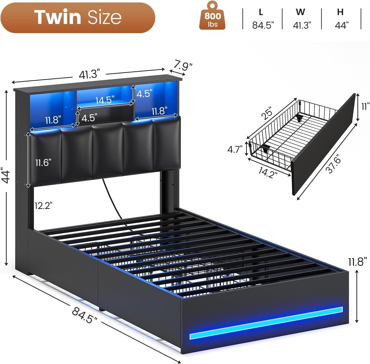 AOGLLATI Bed Frame AOGLLATI LED Bed Frame with Bookcase Headboard & Charging Station & 4 Storage Drawers,Black
