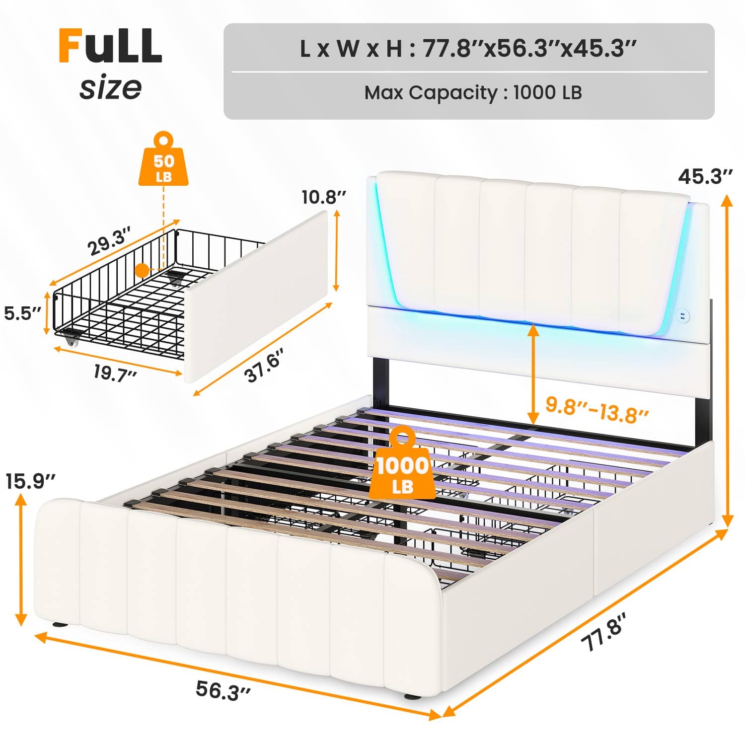 AOGLLATI Bed Frame AOGLLATI Led Platform Bed Frame with Headboard White