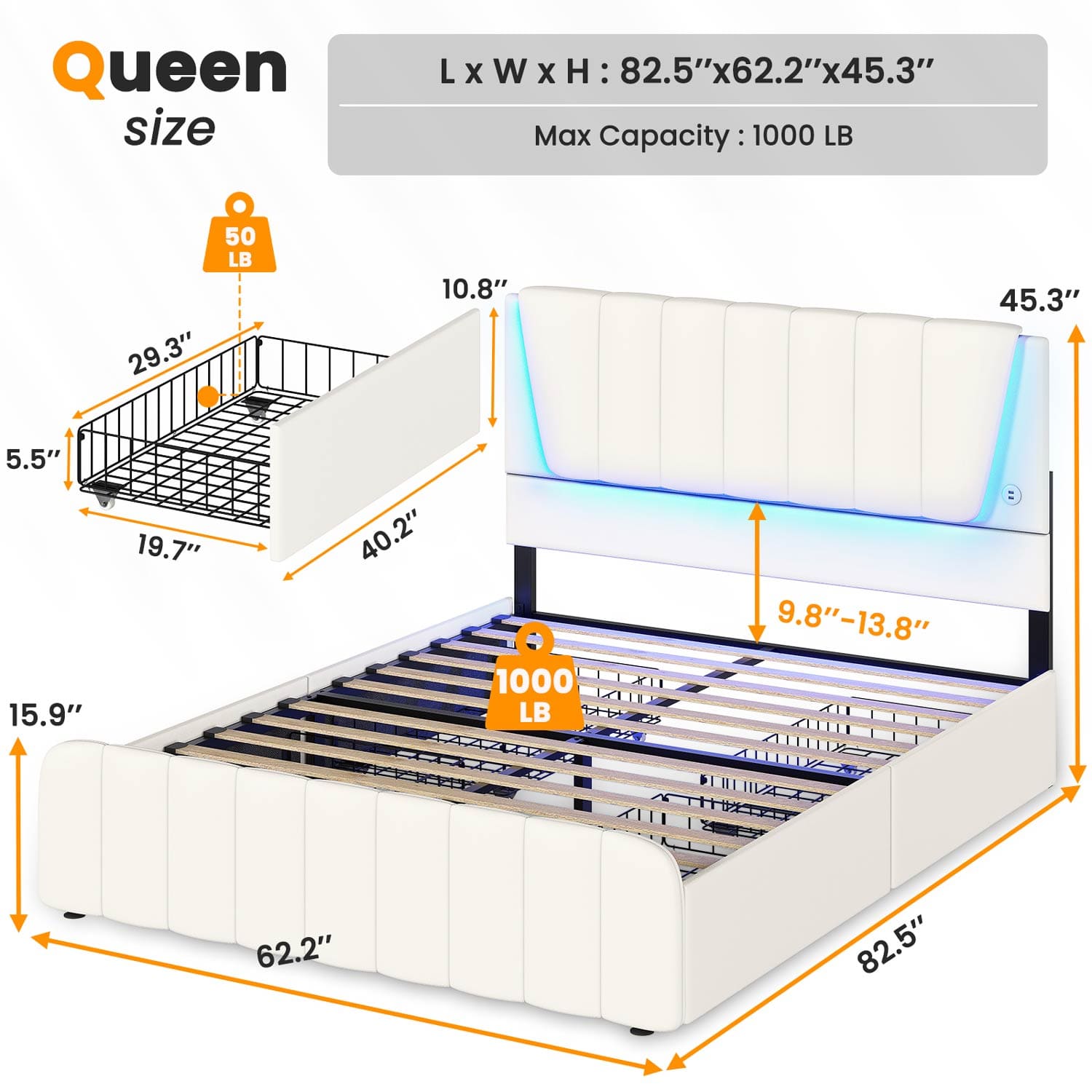 AOGLLATI Bed Frame AOGLLATI Led Platform Bed Frame with Headboard White