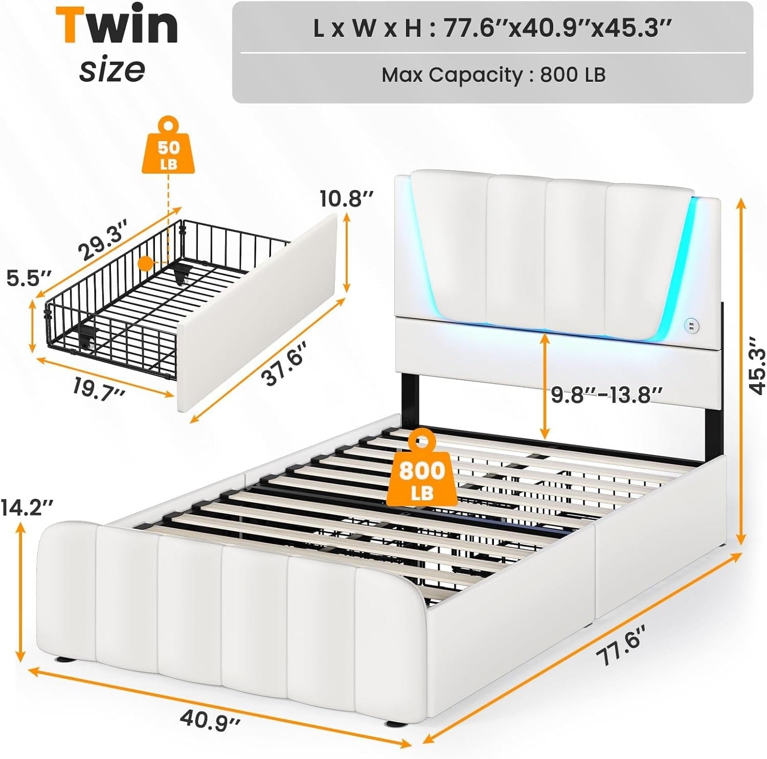 AOGLLATI Bed Frame AOGLLATI Led Platform Bed Frame with Headboard White