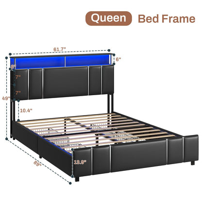 AOGLLATI Bed Frame AOGLLATI Led Upholstered Bed Frame with 4 Drawers Storage Headboard & Column Design Black