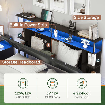 AOGLLATI Bed Frame AOGLLATI Led Upholstered Bed Frame with 4 Drawers Storage Headboard & Column Design Black