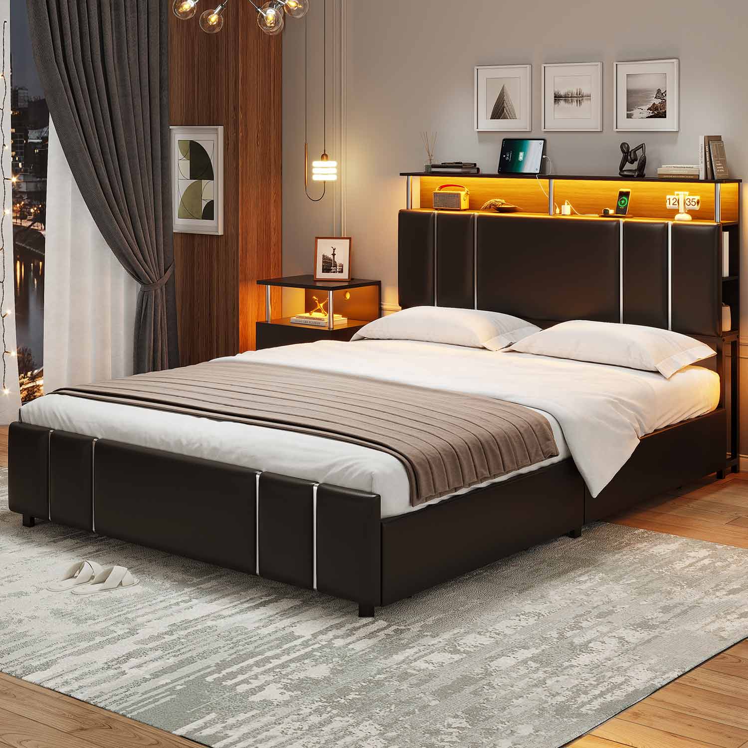 AOGLLATI Bed Frame AOGLLATI Led Upholstered Bed Frame with 4 Drawers Storage Headboard & Column Design Black