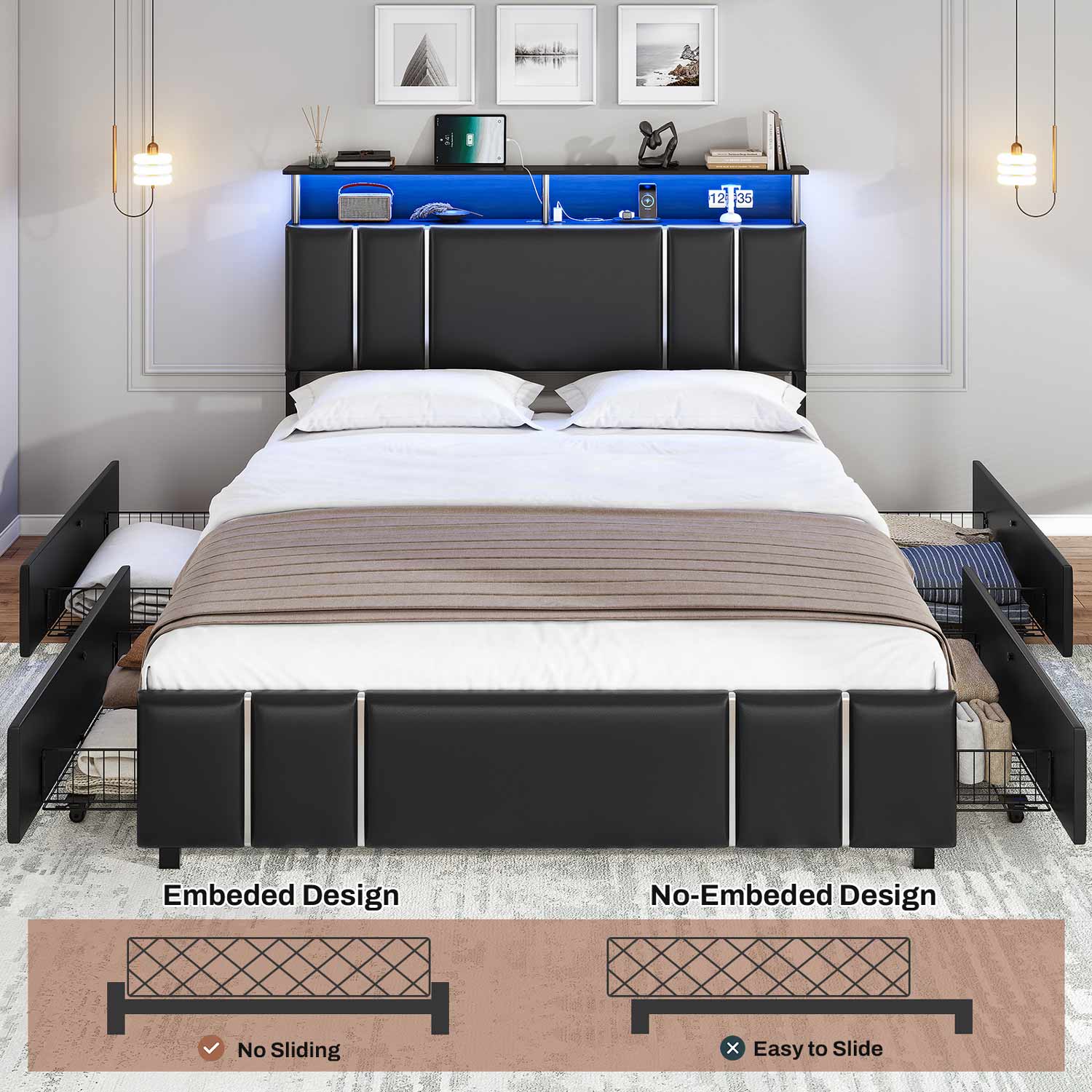 AOGLLATI Bed Frame AOGLLATI Led Upholstered Bed Frame with 4 Drawers Storage Headboard & Column Design Black
