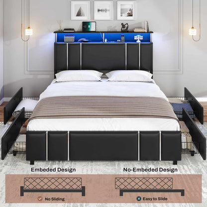 AOGLLATI Bed Frame AOGLLATI Led Upholstered Bed Frame with 4 Drawers Storage Headboard & Column Design Black