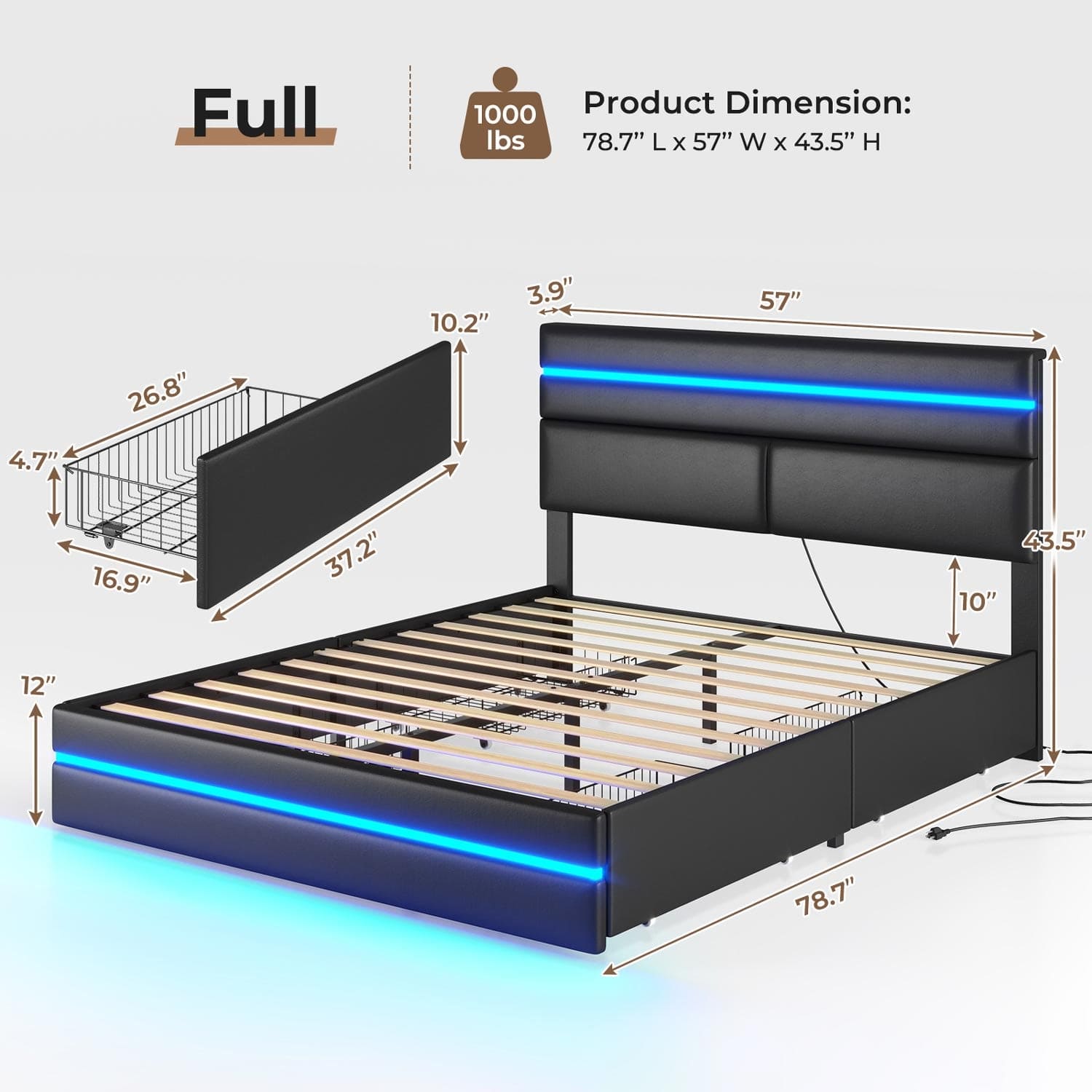 AOGLLATI Bed Frame AOGLLATI  Metal Bed Frame with Charging Station and  LED Lights Headboard & 4 Drawers