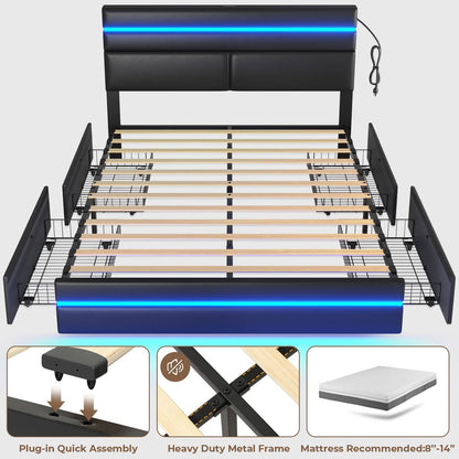 AOGLLATI Bed Frame AOGLLATI  Metal Bed Frame with Charging Station and  LED Lights Headboard & 4 Drawers