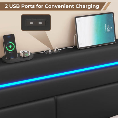 AOGLLATI Bed Frame AOGLLATI  Metal Bed Frame with Charging Station and  LED Lights Headboard & 4 Drawers