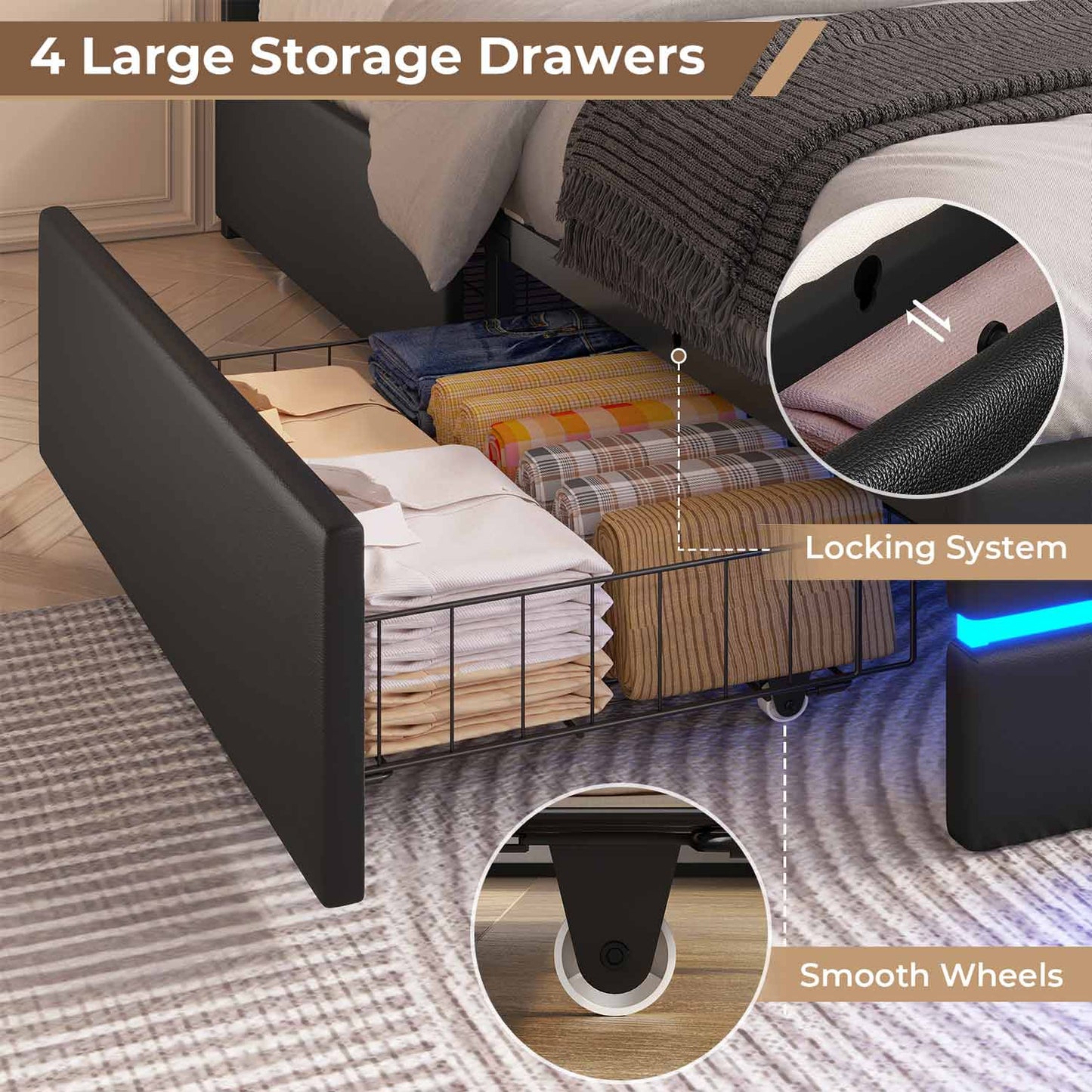 AOGLLATI Bed Frame AOGLLATI  Metal Bed Frame with Charging Station and  LED Lights Headboard & 4 Drawers