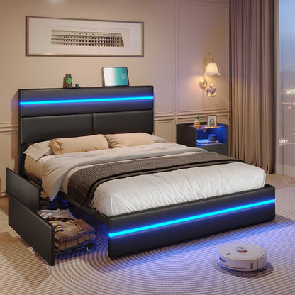 AOGLLATI Bed Frame AOGLLATI  Metal Bed Frame with Charging Station and  LED Lights Headboard & 4 Drawers