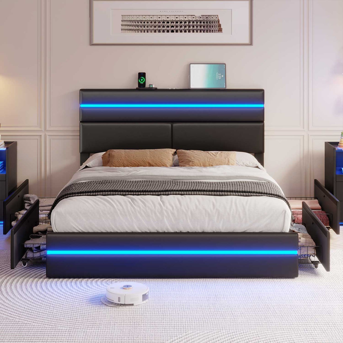 AOGLLATI Bed Frame AOGLLATI  Metal Bed Frame with Charging Station and  LED Lights Headboard & 4 Drawers