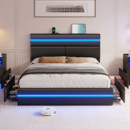 AOGLLATI Bed Frame AOGLLATI  Metal Bed Frame with Charging Station and  LED Lights Headboard & 4 Drawers