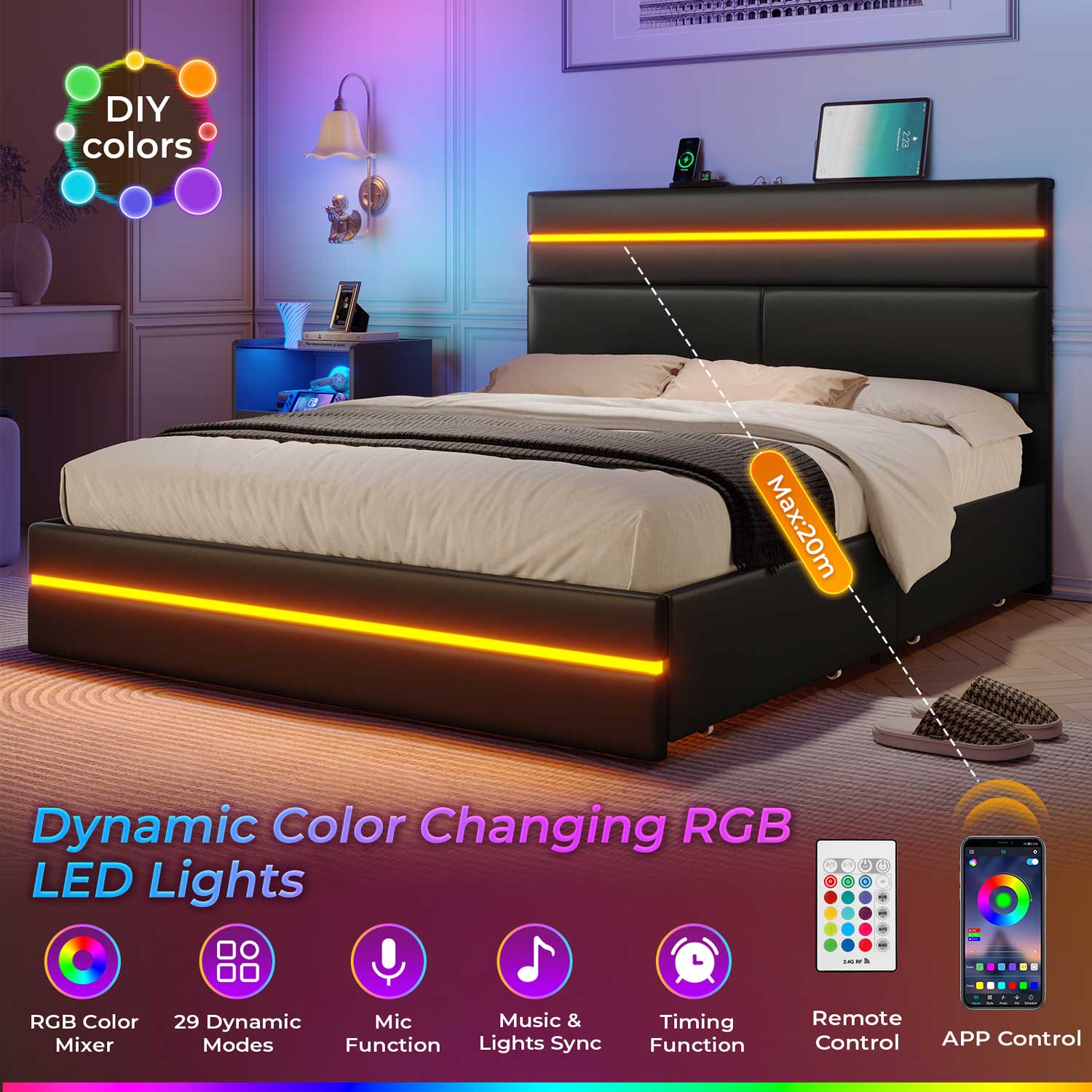 AOGLLATI Bed Frame AOGLLATI  Metal Bed Frame with Charging Station and  LED Lights Headboard & 4 Drawers