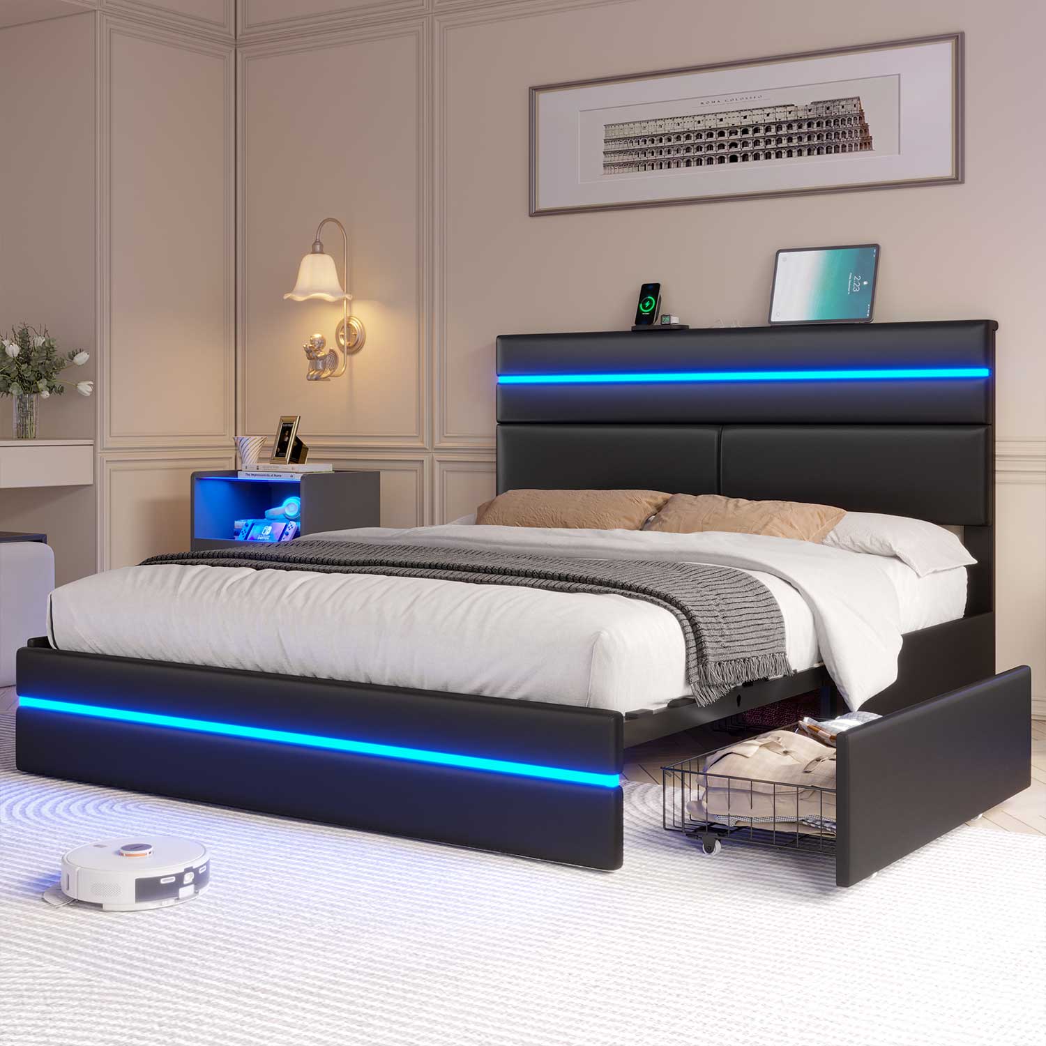 AOGLLATI Bed Frame AOGLLATI  Metal Bed Frame with Charging Station and  LED Lights Headboard & 4 Drawers