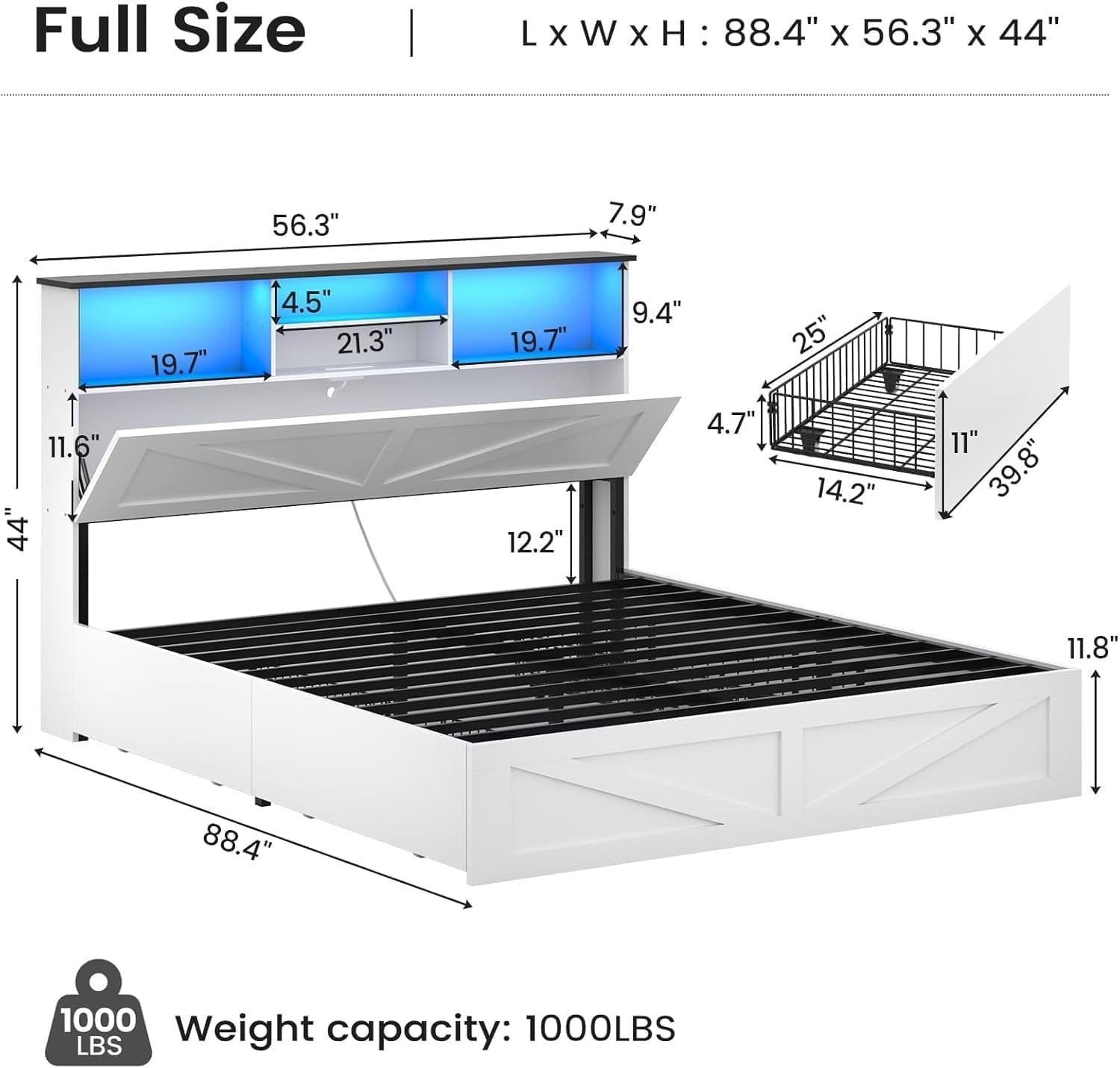 AOGLLATI Bed Frame AOGLLATI Wooden Led Twin Bed Frame with 4 Storage Drawers and Charging Station,, White