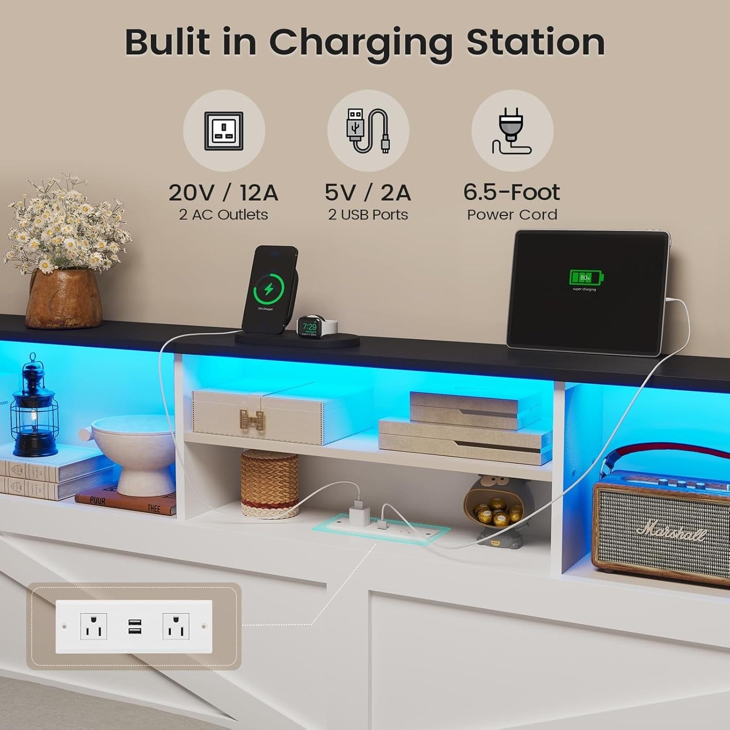 AOGLLATI Bed Frame AOGLLATI Wooden Led Twin Bed Frame with 4 Storage Drawers and Charging Station,, White