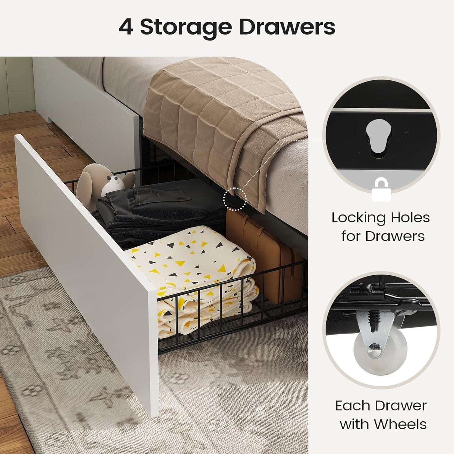 AOGLLATI Bed Frame AOGLLATI Wooden Led Twin Bed Frame with 4 Storage Drawers and Charging Station,, White